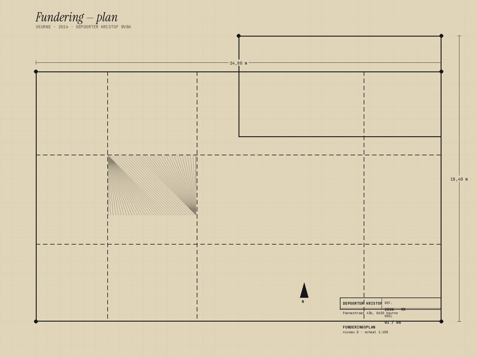Funderingsplan van een project in Veurne — technische tekening met afmetingen en titelblok van Depoorter Kristof.